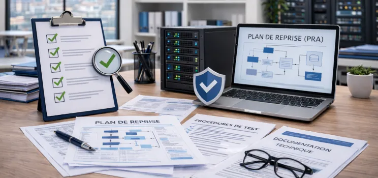 Illustration d’un test de restauration de données avec vérification de fichiers et reprise d’activité