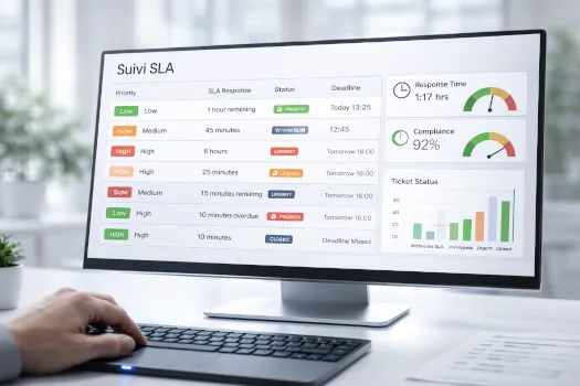 Tableau de bord réaliste de suivi SLA avec délais, statuts des tickets et indicateurs de performance